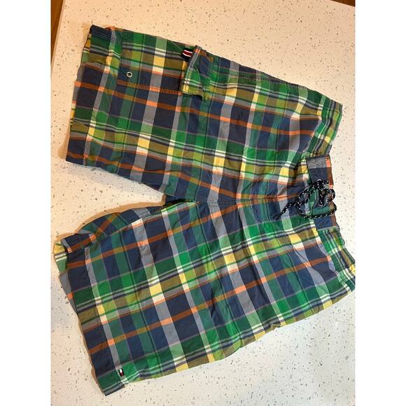 Tommy Hilfiger Swim Shorts Green Blue Plaid - Men's Large - Picture 1 of 5